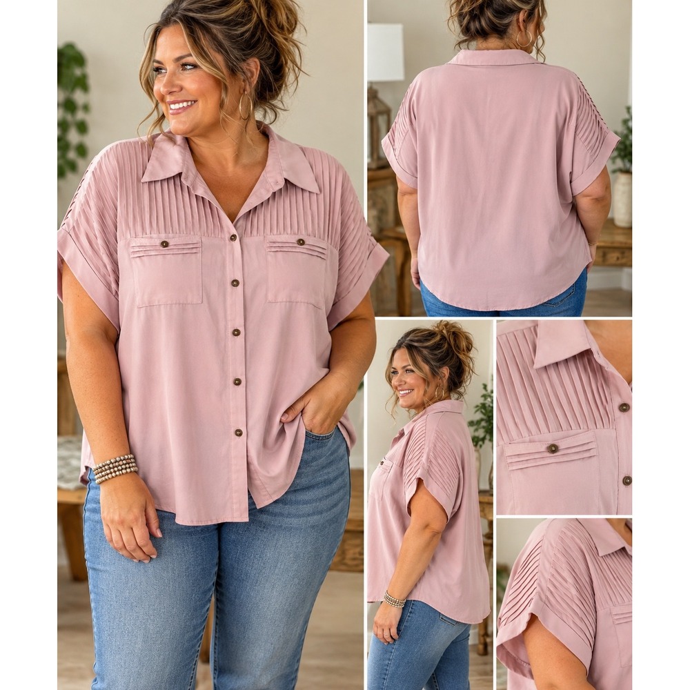 SHEIN Curve 3/4XL Dusty Rose Pintuck Button Front Blouse Cottagecore Boho Casual